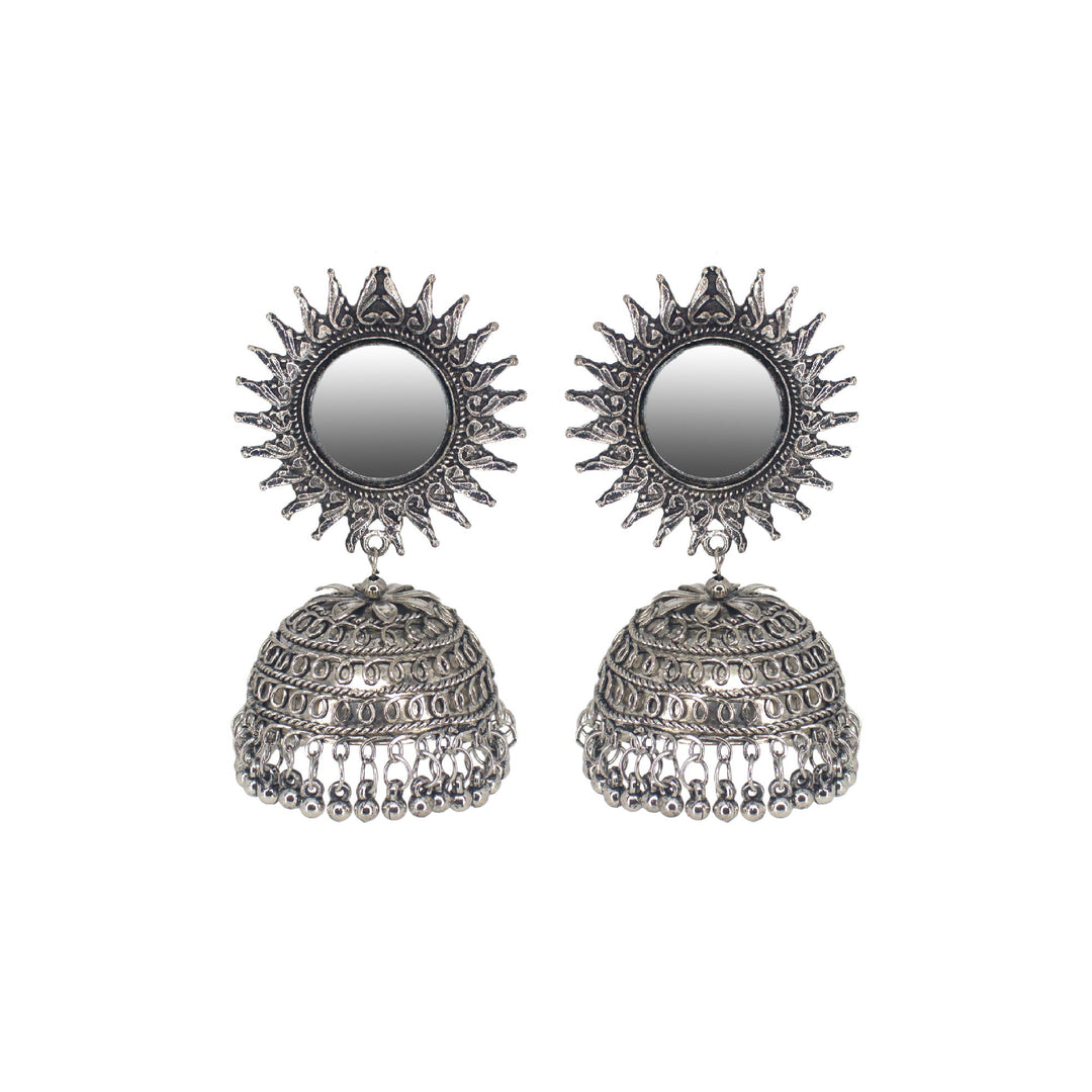 Abhinn Silver Oxidised Temple Design With Mirror Stud Jhumka Earrings For Women