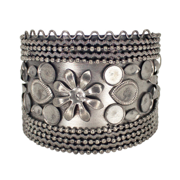 Abhinn Antique Oxidised Floral Design Cuff Bangle For Women