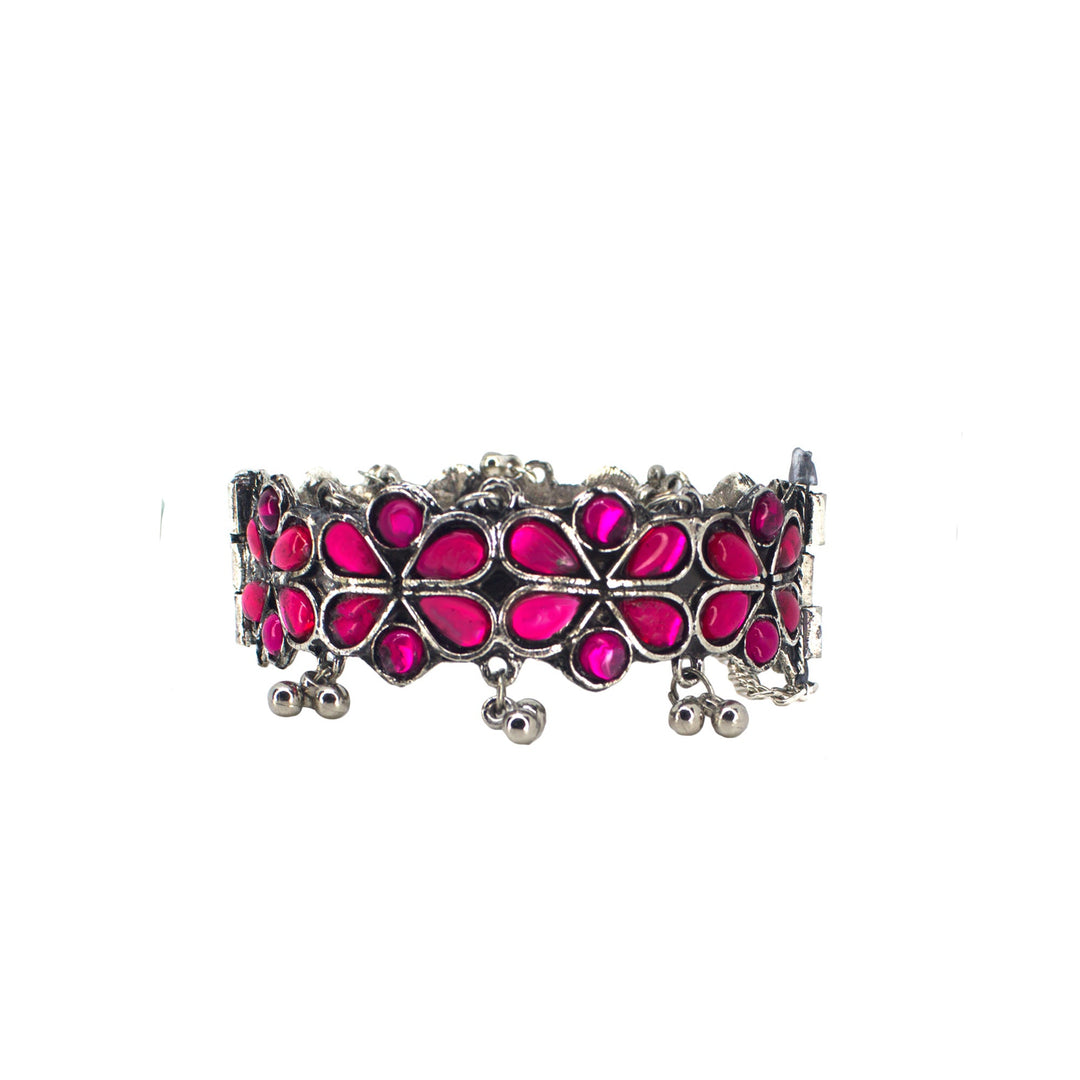 Abhinn Silver Oxidised Pink Floral Design Adjustable Bangle For Girls
