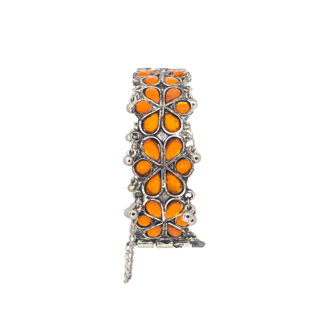 Abhinn Silver Oxidised Orange Floral Design Adjustable Bangle For Girls