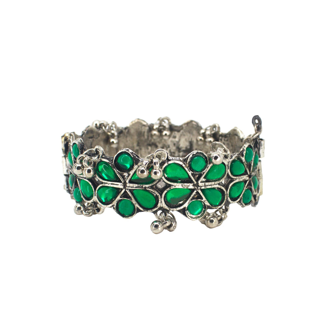 Abhinn Silver Oxidised Green Floral Design Adjustable Bangle For Girls