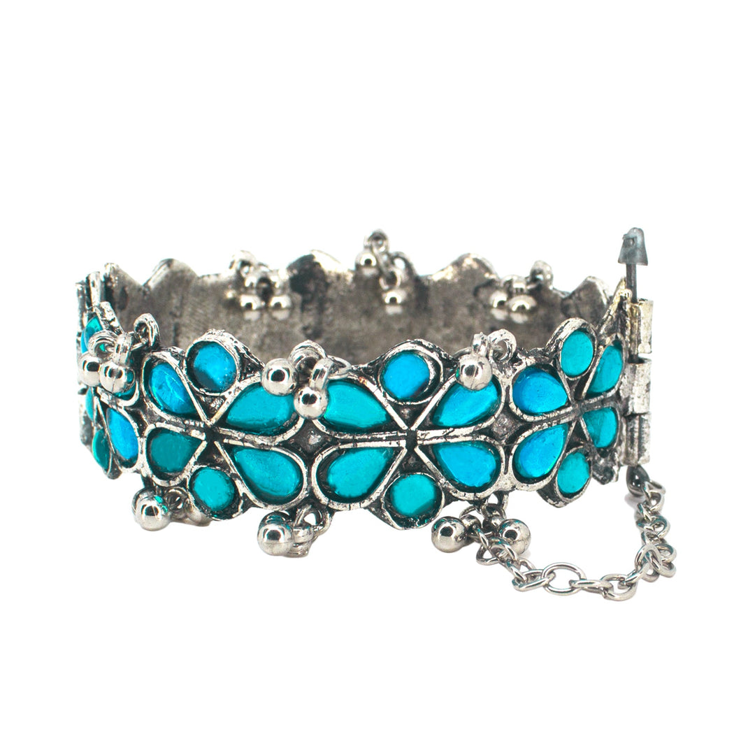 Abhinn Silver Oxidised Blue Floral Design Adjustable Bangle For Girls