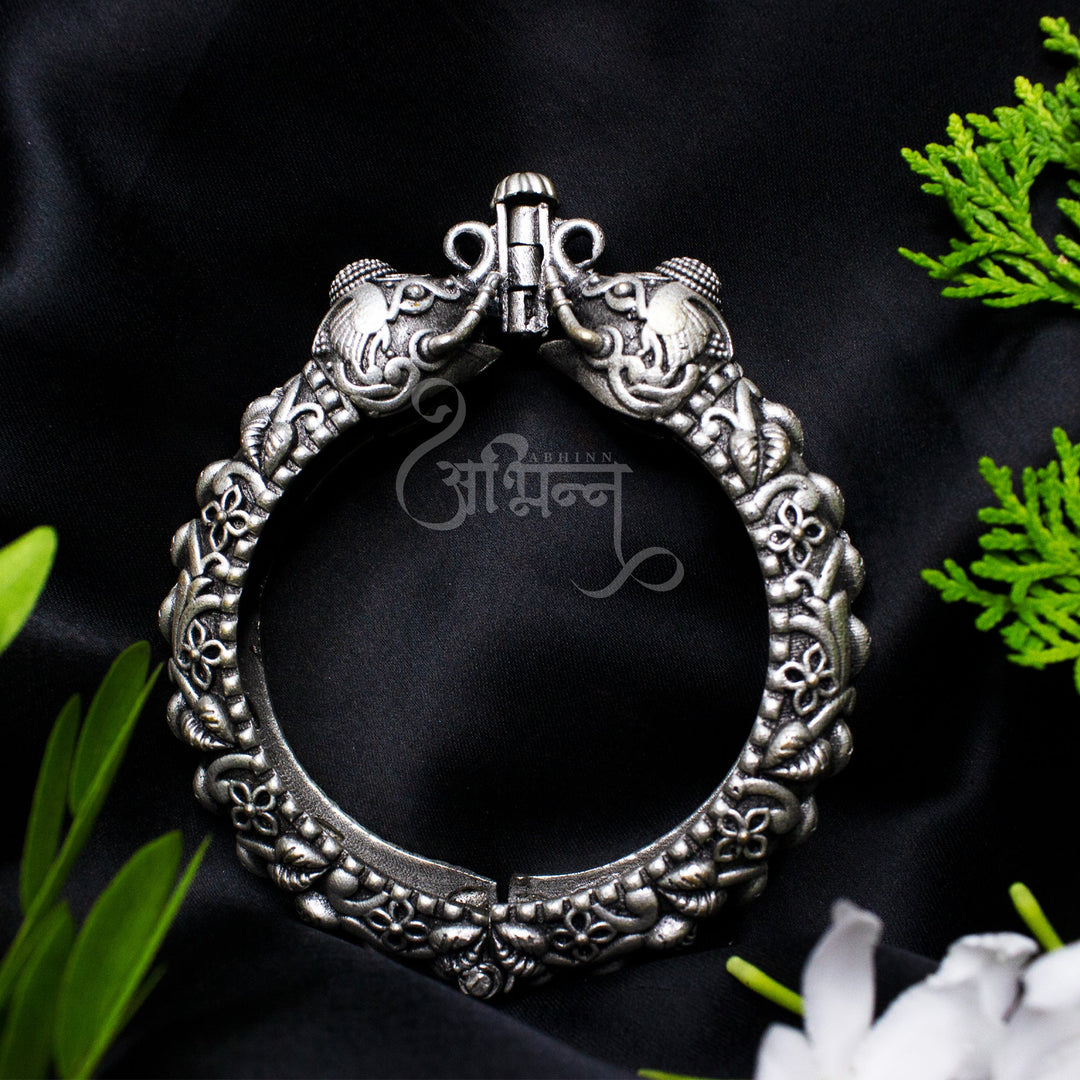 Abhinn Silver Replica Elephant And Floral Design Premium Bangle For Women