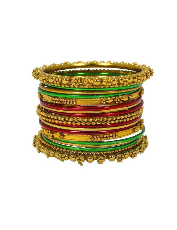 Abhinn Golden Plated Moti with Green and Red Bangles Set For Women (Set of 18)