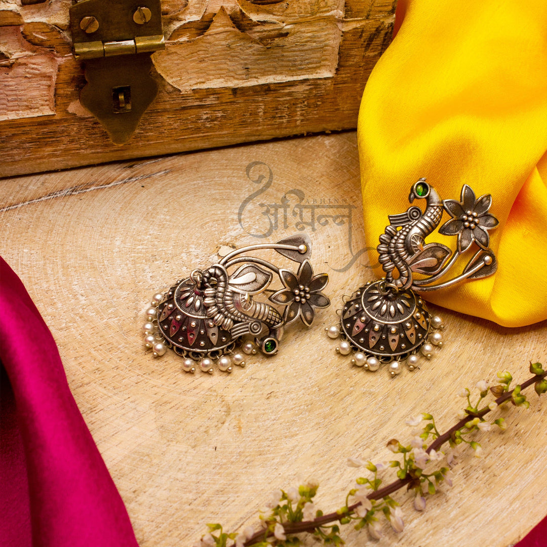 Abhinn Silver Replica Peacock Green Stud with Jhumki Earring For Women   
