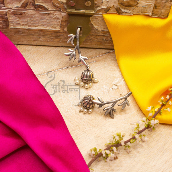 Abhinn Silver Replica Tree Branch Leaf Design Studs With Small Jhumki For Women 