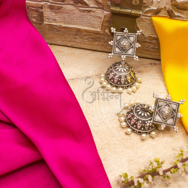 Abhinn Silver Replica Temple Design Square Shape Studs With Jhumki For Women 
