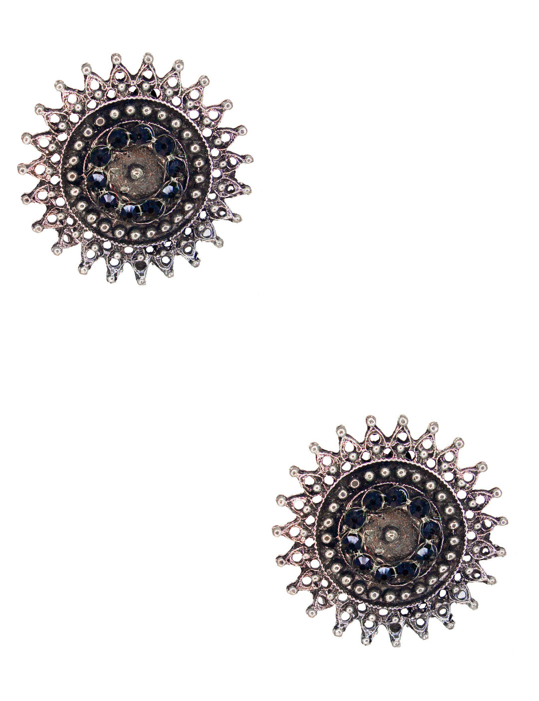 Abhinn Designer Silver Oxidised Sun Shape Black Big Studs For Women