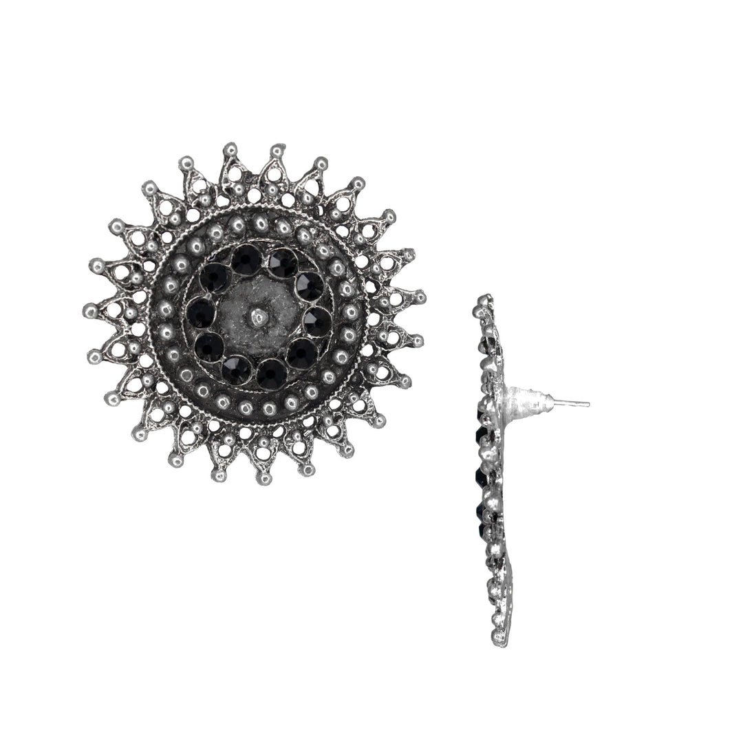 Abhinn Designer Silver Oxidised Sun Shape Black Big Studs For Women