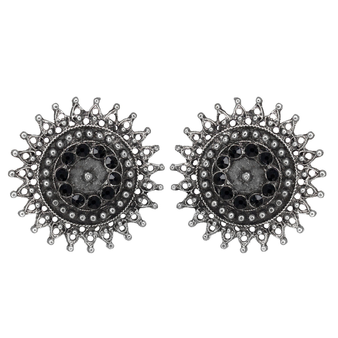 Abhinn Designer Silver Oxidised Sun Shape Black Big Studs For Women