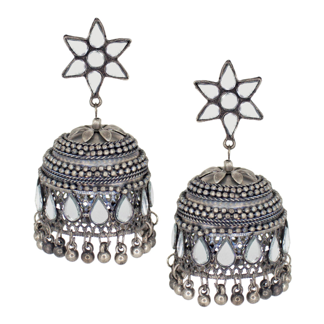 Abhinn Silver Oxidised Floral Design Mirror Jhumka Earrings For Women