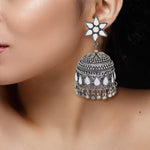 Load image into Gallery viewer, Abhinn Silver Oxidised Floral Design Mirror Jhumka Earrings For Women
