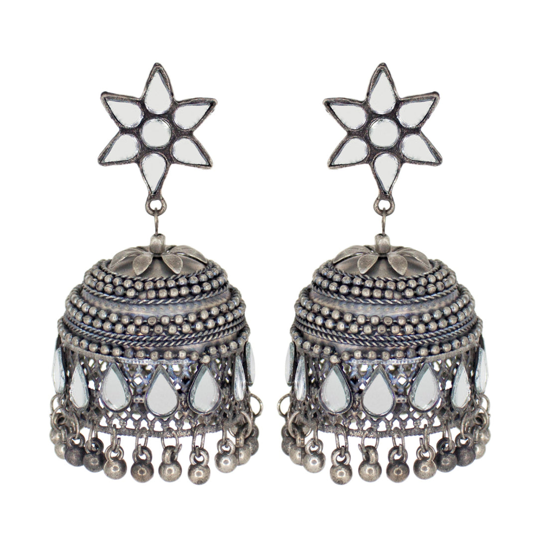 Abhinn Silver Oxidised Floral Design Mirror Jhumka Earrings For Women