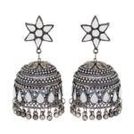 Load image into Gallery viewer, Abhinn Silver Oxidised Floral Design Mirror Jhumka Earrings For Women
