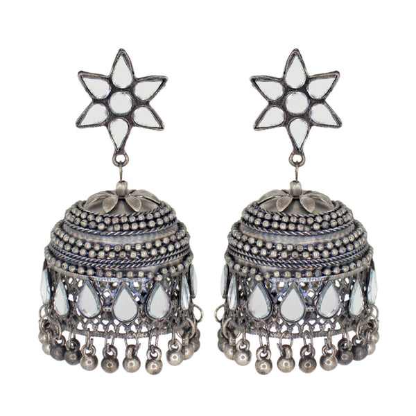 Abhinn Silver Oxidised Floral Design Mirror Jhumka Earrings For Women