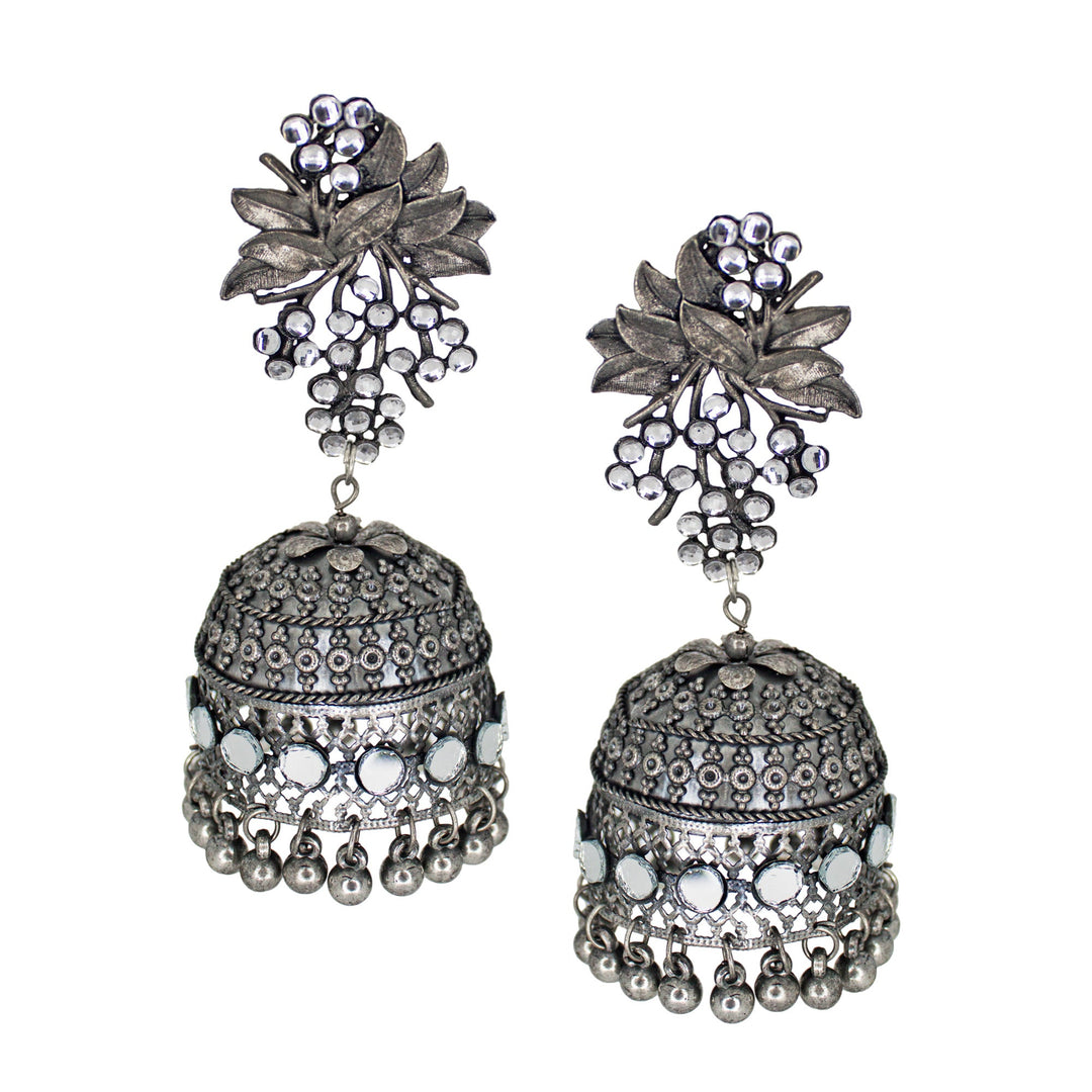 Abhinn Black Polished Grapes Design Stud With Mirror Floral Jhumka Earrings For Women