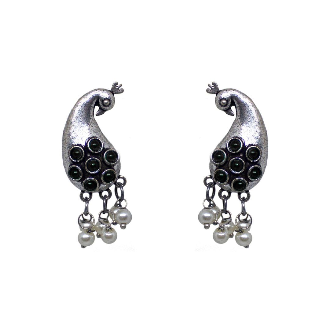 Abhinn Unique Silver Replica Peacock Design With Black CZ Stones Stud Earrings For Women 