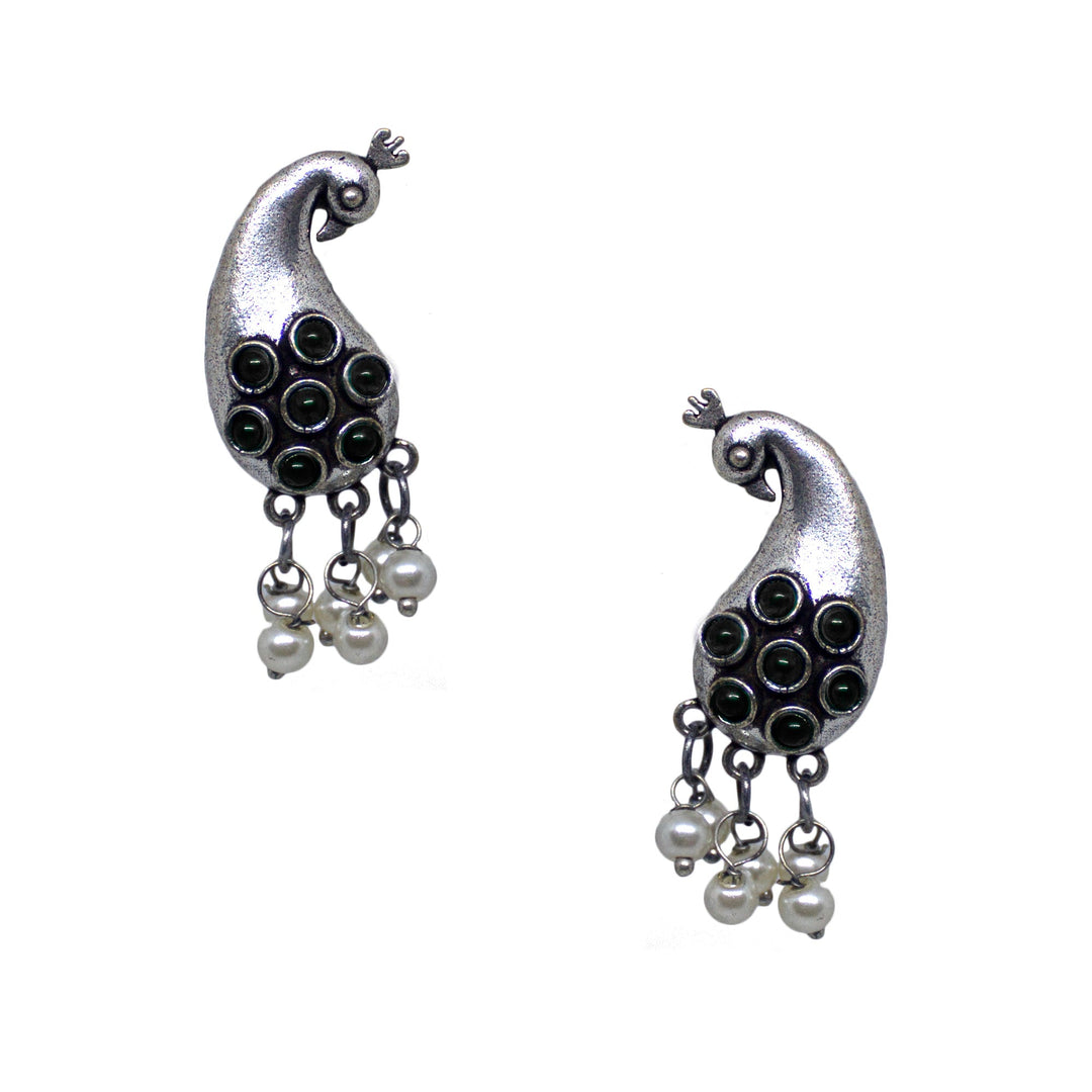 Abhinn Unique Silver Replica Peacock Design With Black CZ Stones Stud Earrings For Women 