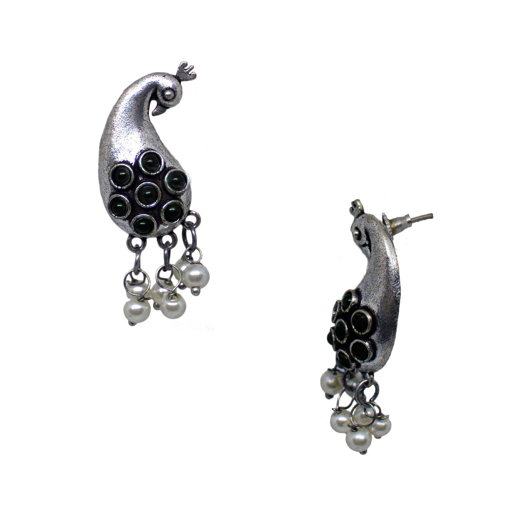 Abhinn Unique Silver Replica Peacock Design With Black CZ Stones Stud Earrings For Women 