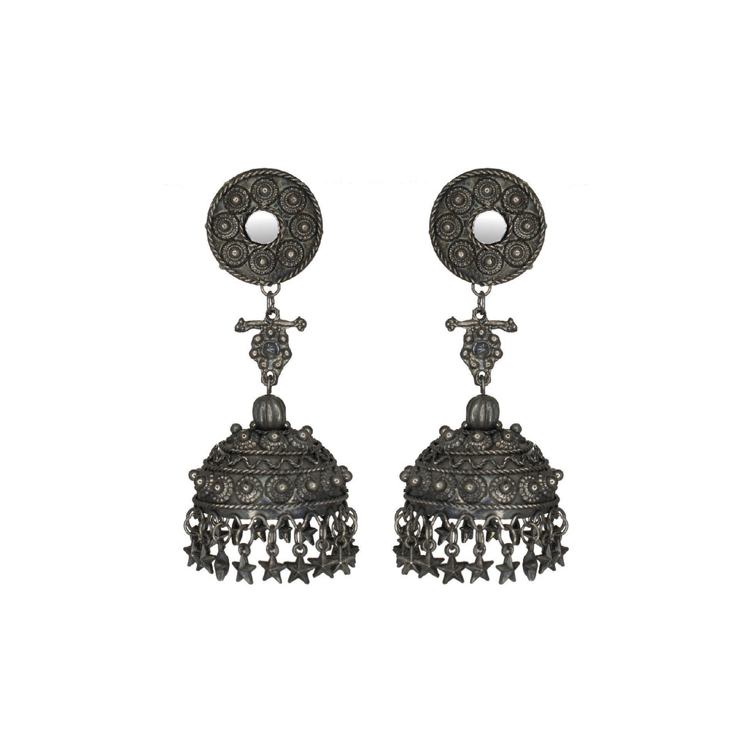 Abhinn Silver Oxidised Temple Design Long Jhumka Earrings For Women 