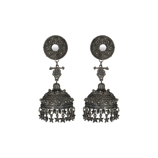 Abhinn Silver Oxidised Temple Design Long Jhumka Earrings For Women 