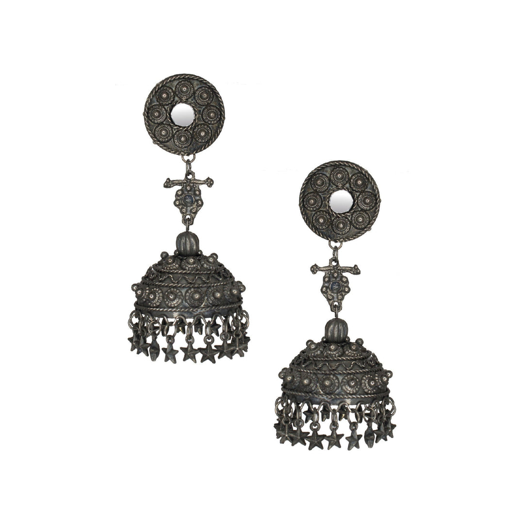 Abhinn Silver Oxidised Temple Design Long Jhumka Earrings For Women 