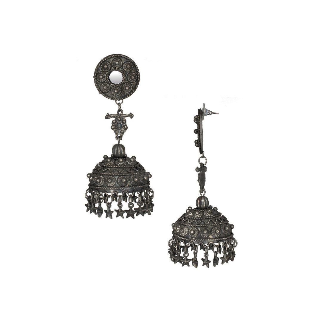 Abhinn Silver Oxidised Temple Design Long Jhumka Earrings For Women 