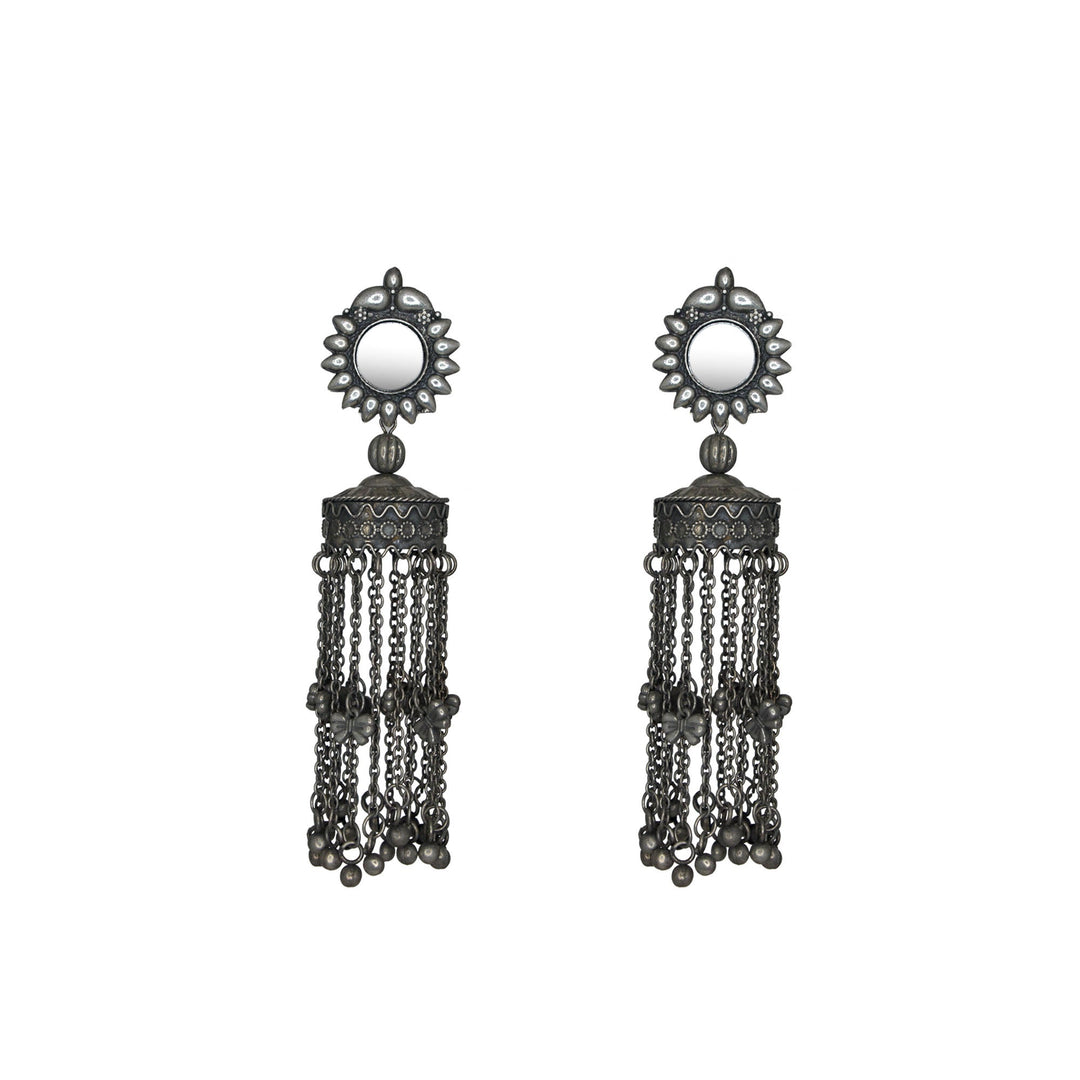 Abhinn Oxidised Silver Kashmiri Jhumka With Mirror Stud Earrings For Women