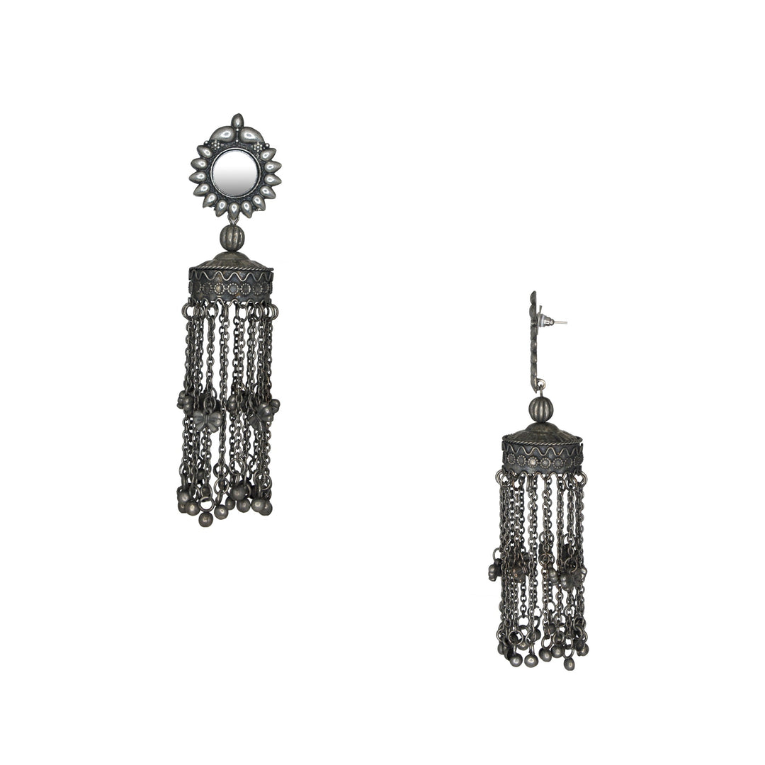 Abhinn Oxidised Silver Kashmiri Jhumka With Mirror Stud Earrings For Women