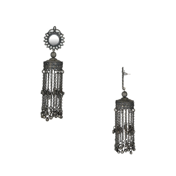 Abhinn Oxidised Silver Kashmiri Jhumka With Mirror Stud Earrings For Women