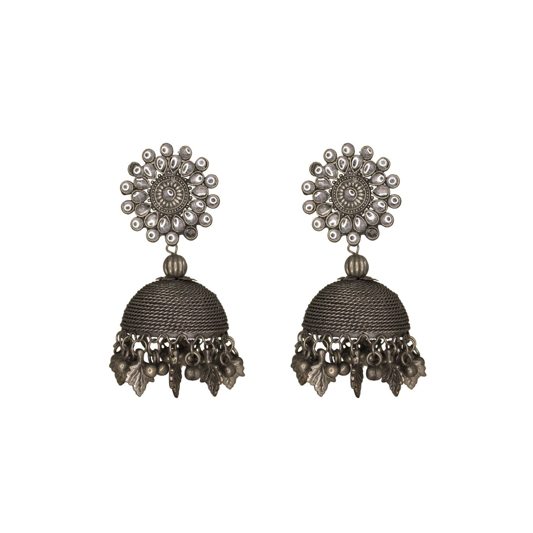 Abhinn Silver Oxidised Studded White Kundan Stones Jhumka Earrings For Women