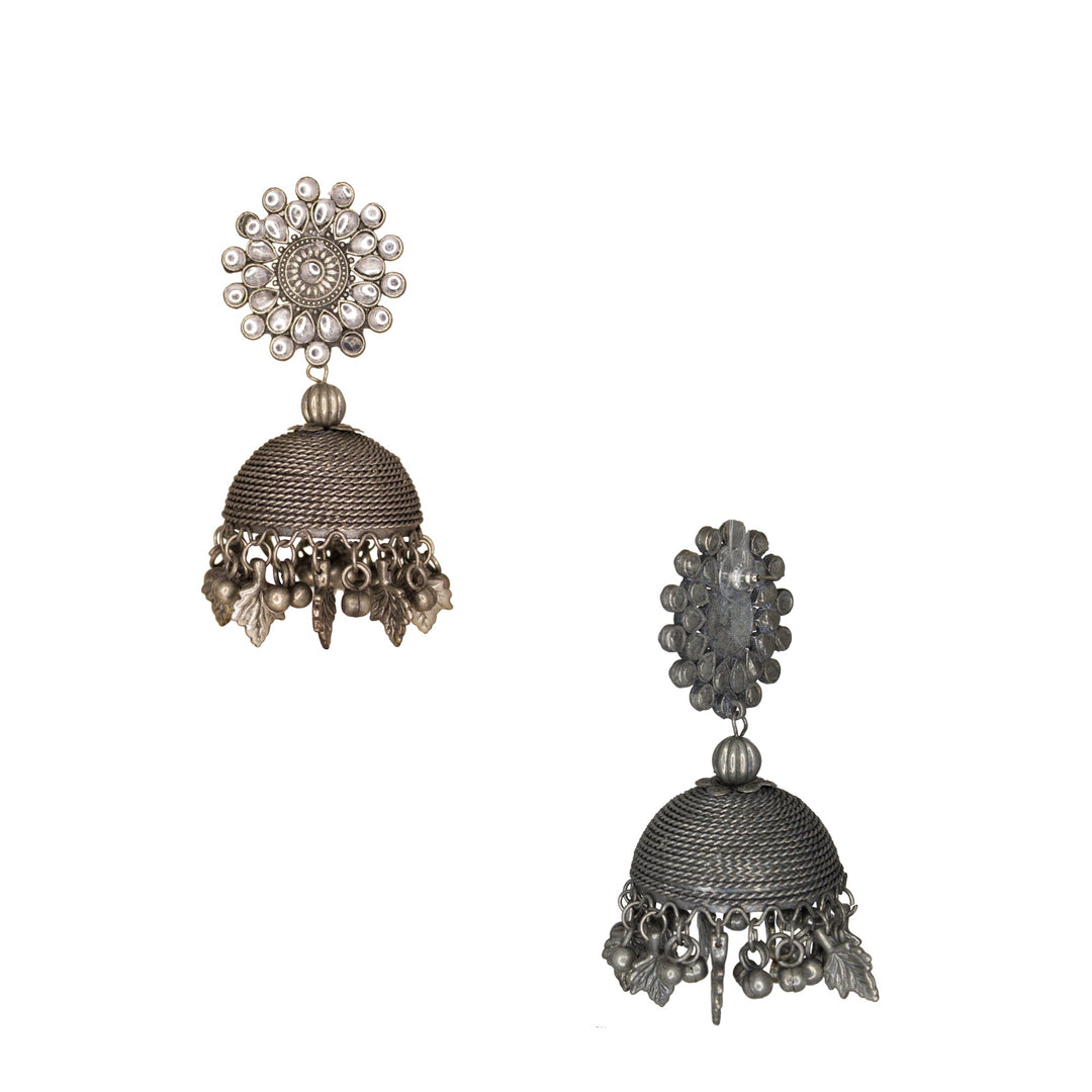 Abhinn Silver Oxidised Jhumka Earrings With White CZ Stones For Women.
