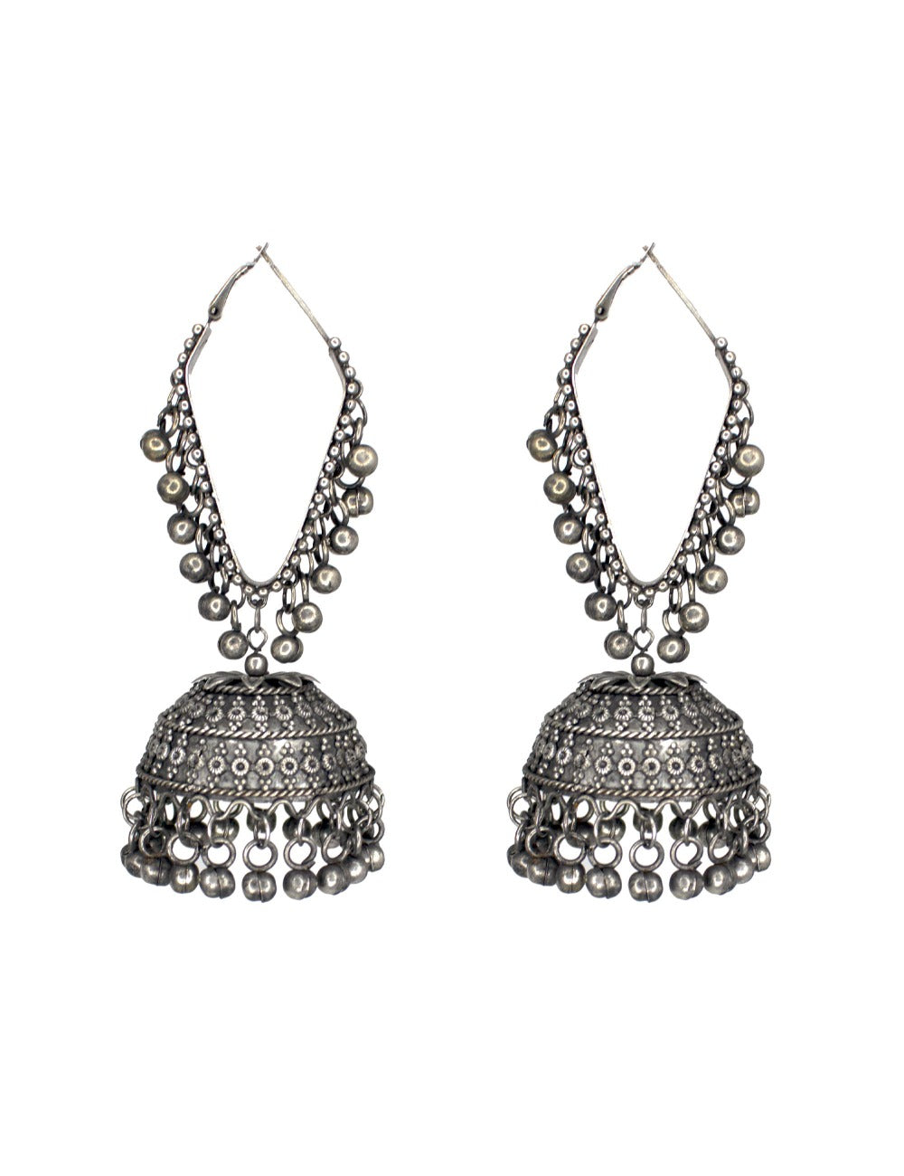 Abhinn Oxidised Silver Triangle Shape Bali With Big Jhumka Earrings for Women