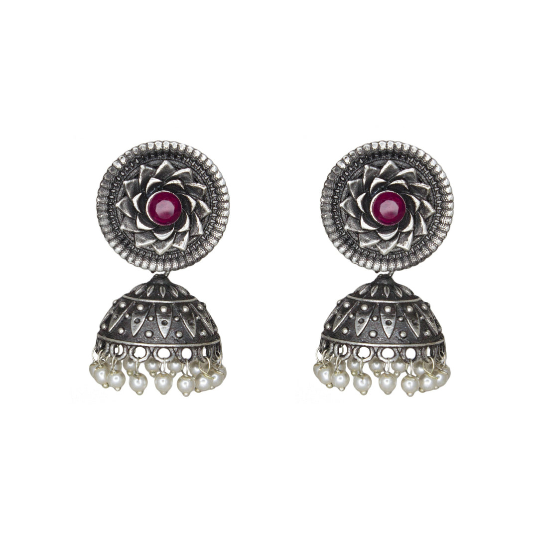 Silver Replica Floral Design Jhumka With Pink CZ Stone Earrings For Girls