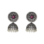 Load image into Gallery viewer, Silver Replica Floral Design Jhumka With Pink CZ Stone Earrings For Girls
