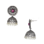 Load image into Gallery viewer, Silver Replica Floral Design Jhumka With Pink CZ Stone Earrings For Girls

