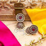 Load image into Gallery viewer, Silver Replica Floral Design Jhumka With Pink CZ Stone Earrings For Girls
