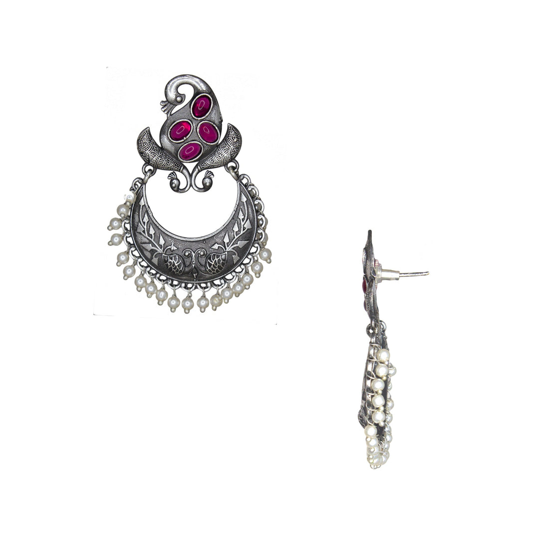 Abhinn Silver Replica Peacock Design Studs With Pink CZ Stones Studded Earrings for Women
