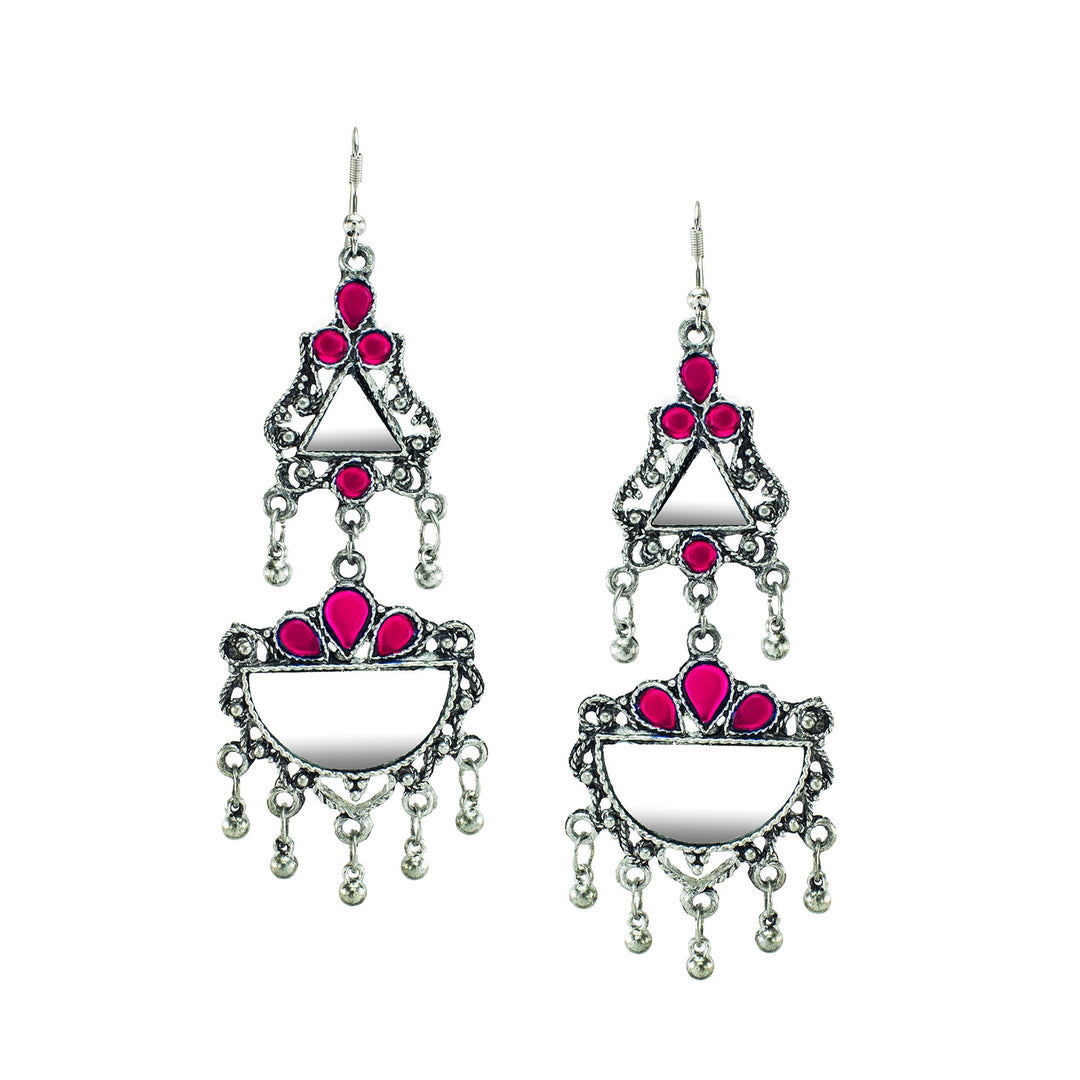 Abhinn Afghani Silver Oxidised Mirror With Pink Stones Dangler Earrings for Women