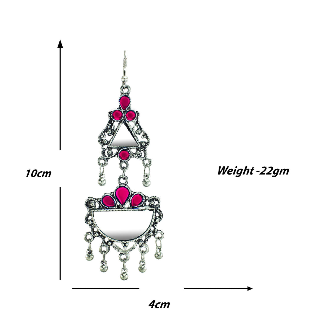 Abhinn Afghani Silver Oxidised Mirror With Pink Stones Dangler Earrings for Women