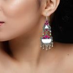 Load image into Gallery viewer, Abhinn Afghani Silver Oxidised Mirror With Pink Stones Dangler Earrings for Women

