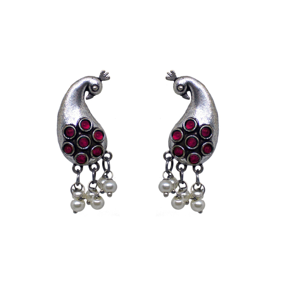 Abhinn Unique Silver Replica Peacock Design With Pink CZ Stones Stud Earrings For Women 