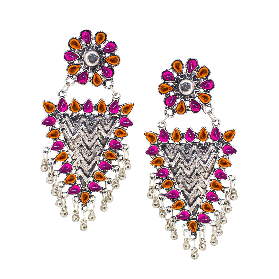 Abhinn Silver Oxidised Geometrical Design Orange-Pink Dangler Earrings For Women