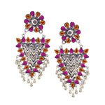 Load image into Gallery viewer, Abhinn Silver Oxidised Geometrical Design Orange-Pink Dangler Earrings For Women
