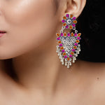 Load image into Gallery viewer, Abhinn Silver Oxidised Geometrical Design Orange-Pink Dangler Earrings For Women
