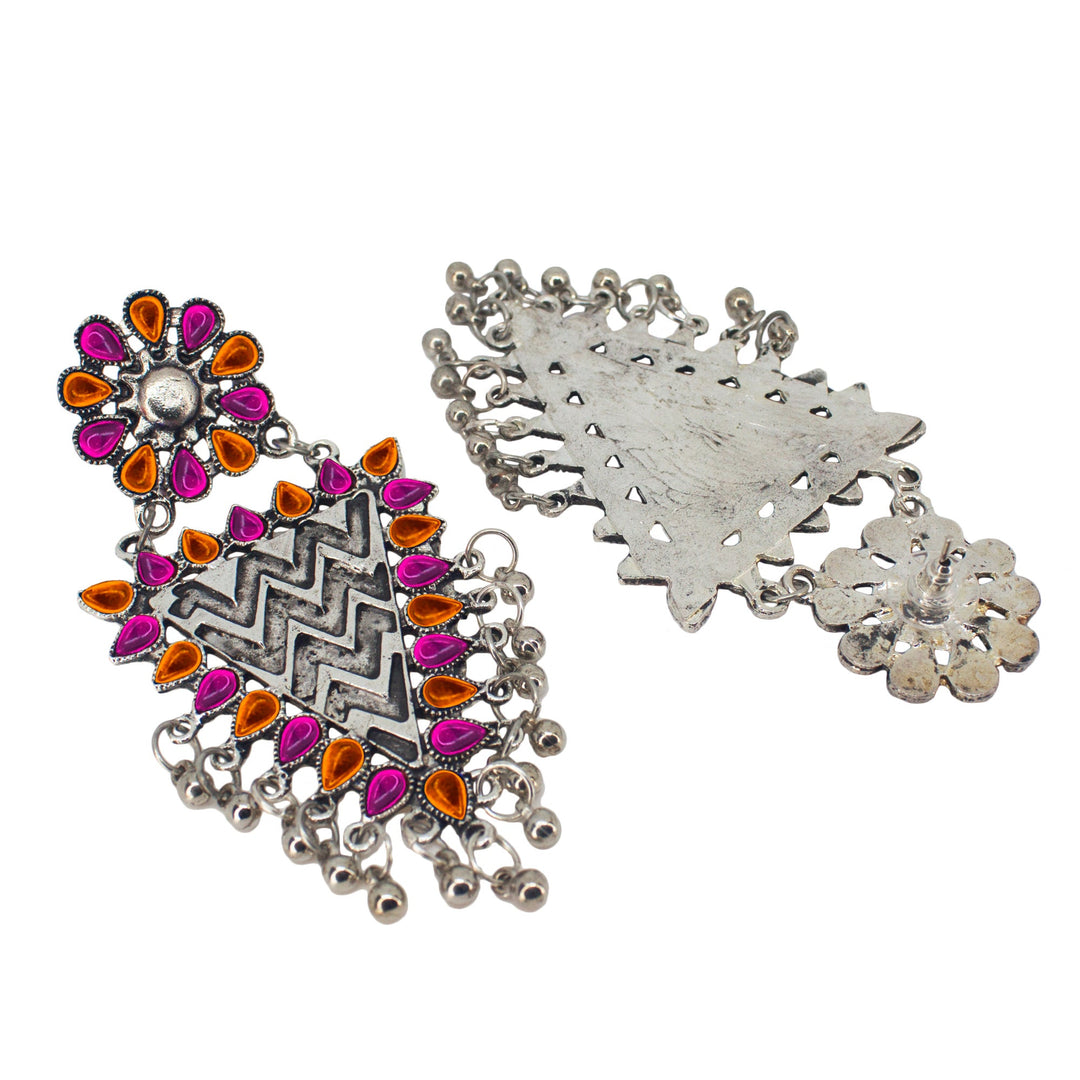 Abhinn Silver Oxidised Geometrical Design Orange-Pink Dangler Earrings For Women