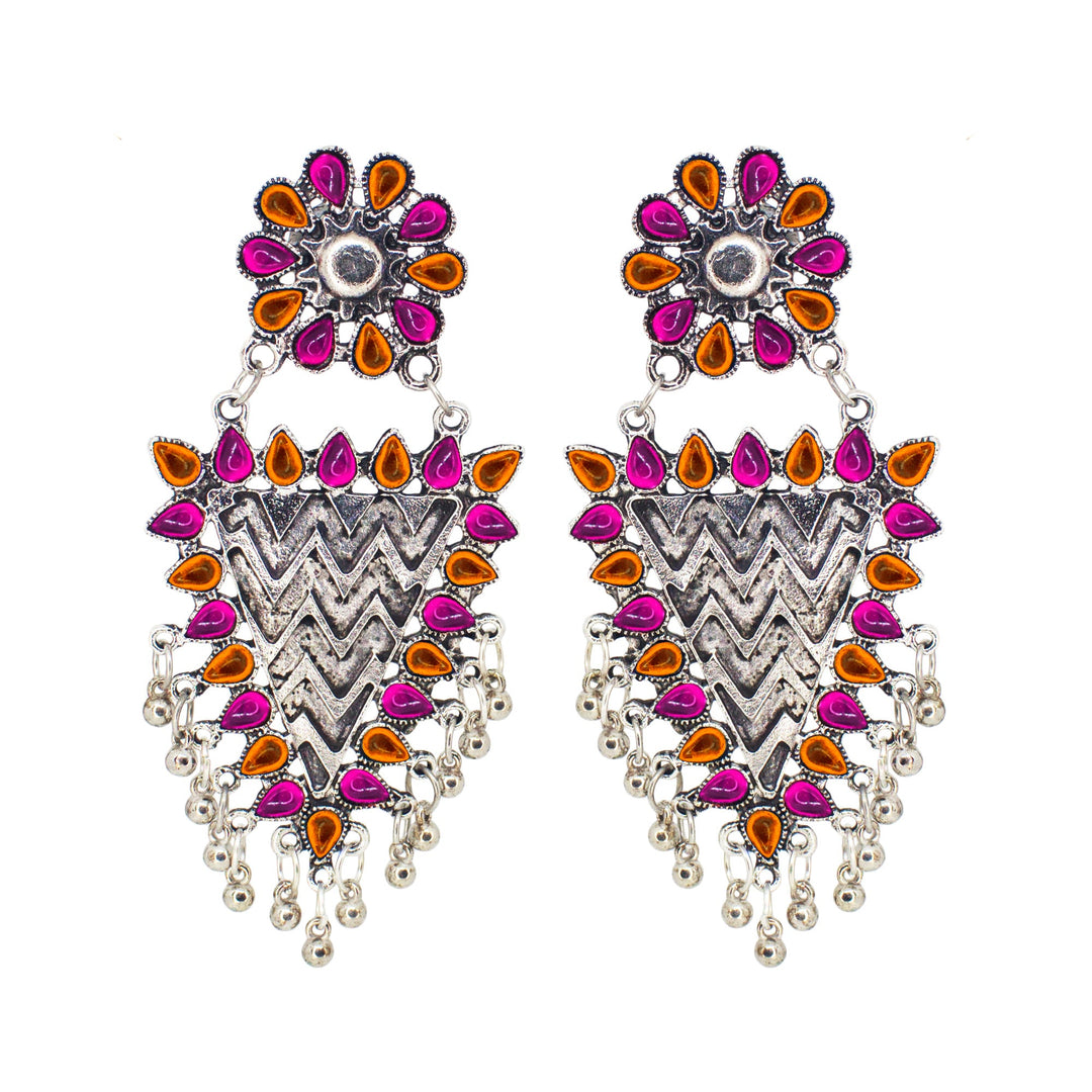 Abhinn Silver Oxidised Geometrical Design Orange-Pink Dangler Earrings For Women
