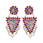 Load image into Gallery viewer, Abhinn Silver Oxidised Geometrical Design Orange-Pink Dangler Earrings For Women
