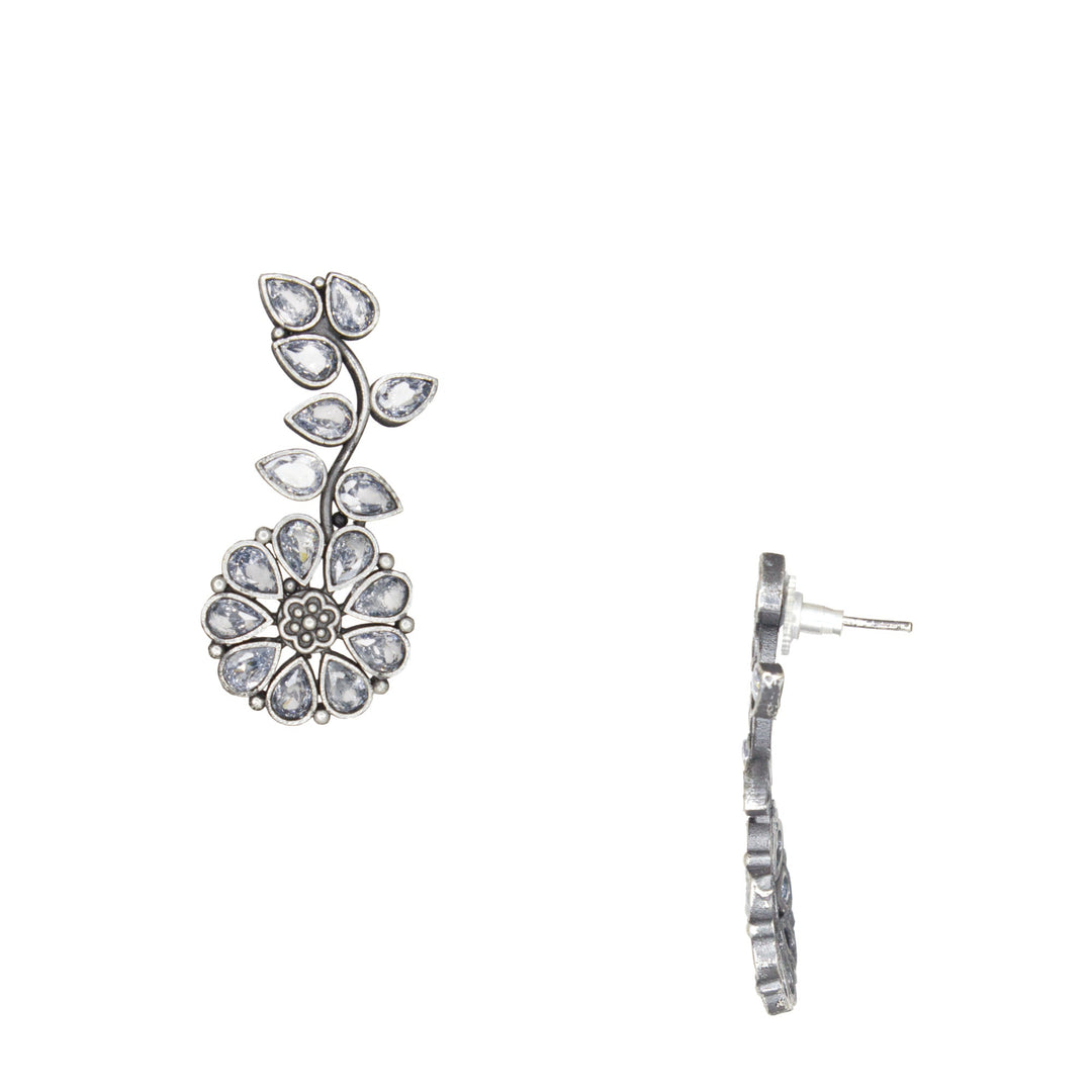 Abhinn Silver Replica Floral Design White CZ Stones Studded Studs Earrings for Women