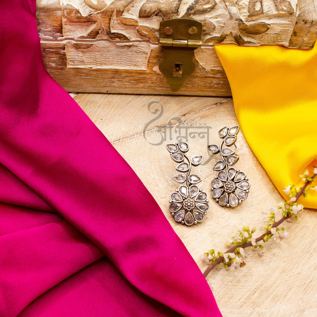 Abhinn Silver Replica Floral Design White CZ Stones Studded Studs Earrings for Women